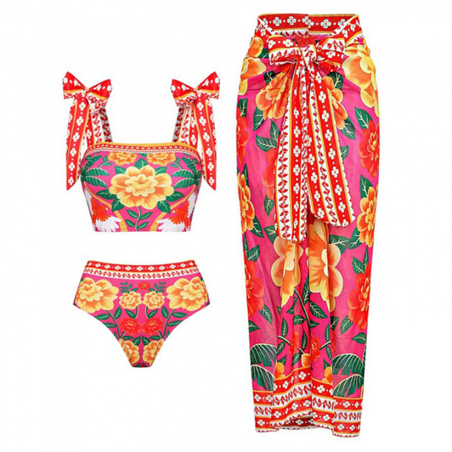 Flower Print Two-Piece Swimsuit High-End FrenchRetro-Style Swimsuit Bow-Shaped Shoulder StrapDecorated Swimsuit