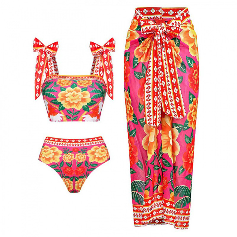 Flower Print Two-Piece Swimsuit High-End FrenchRetro-Style Swimsuit Bow-Shaped Shoulder StrapDecorated Swimsuit