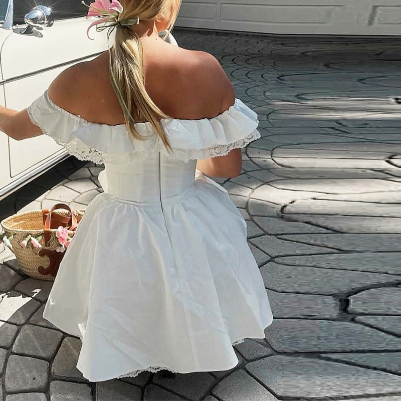 New Style Fishbone-Shaped Elegant White Dress SexyV-Neck with Bow Tie at The Waist and Backless WhiteDresses