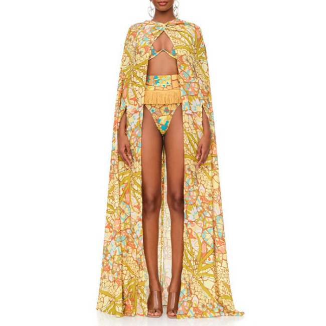 Sexy Tight Backless Printed One-Piece SwimsuitThree-Piece Beach Vacation Shawl with Ruffled EdgesSwimsuit