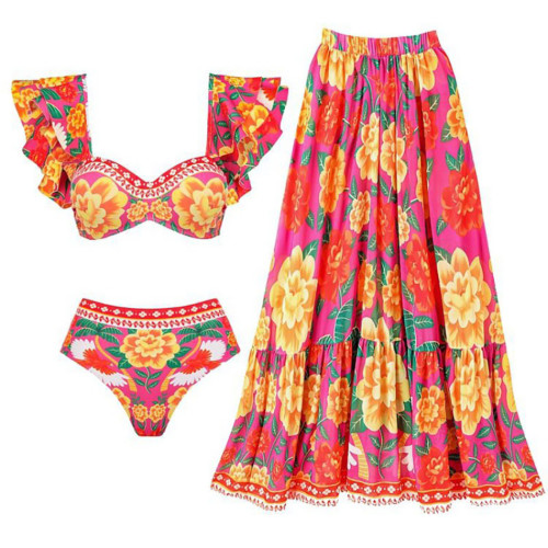 Flower Print Two-Piece Swimsuit High-End FrenchRetro-Style Swimsuit Bow-Shaped Shoulder StrapDecorated Swimsuit