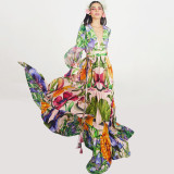 Women's V-Neck Floral Print One-Piece SwimsuitBubble Sleeve Sexy Sun-Protective Swimsuit