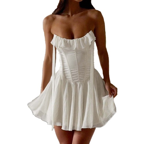 Women's Summer New Sexy Fishbone Ruffled Tie.Strap Halter Neck Short Dress Hot Girl Figure-HuggingBackless Tummy Slim Fit White Street Fashion Skirt