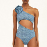 Retro-Style Blue Tight-Fitting Swimsuit Three.Dimensional Flower Sexy One-Piece Swimsuit