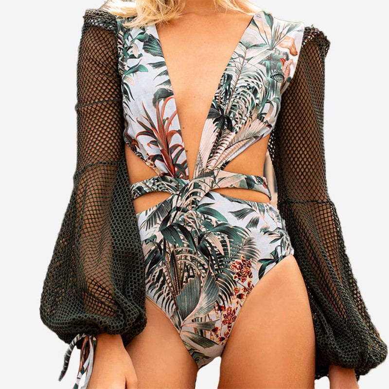 Sexy Strappy Backless One-Piece Swimsuit MeshLong-Sleeved Printed swimsuit