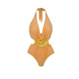 Solid Color Shiny One-Piece Swimsuit Halter-NeckLong-Sleeved Open-Front One-Piece Swimsuit