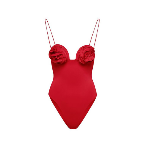 Red One-Piece Tight-Fitting swimsuit Plain SolidFlower Patterned Sexy Swimsuit