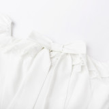 New Style Fishbone-Shaped Elegant White Dress SexyV-Neck with Bow Tie at The Waist and Backless WhiteDresses