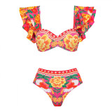 Flower Print Two-Piece Swimsuit High-End FrenchRetro-Style Swimsuit Bow-Shaped Shoulder StrapDecorated Swimsuit