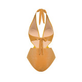 Solid Color Shiny One-Piece Swimsuit Halter-NeckLong-Sleeved Open-Front One-Piece Swimsuit