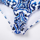 One-Piece Blue and White Porcelain Printed SwimsuitFrench-Style Retro Beach Resort and SPA Swimsuit