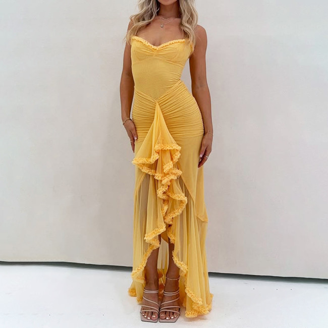 Women High-End Pleated Sexy Tight-Fitting RuffHourglass-Shaped Design Multi-Color Halter Dress