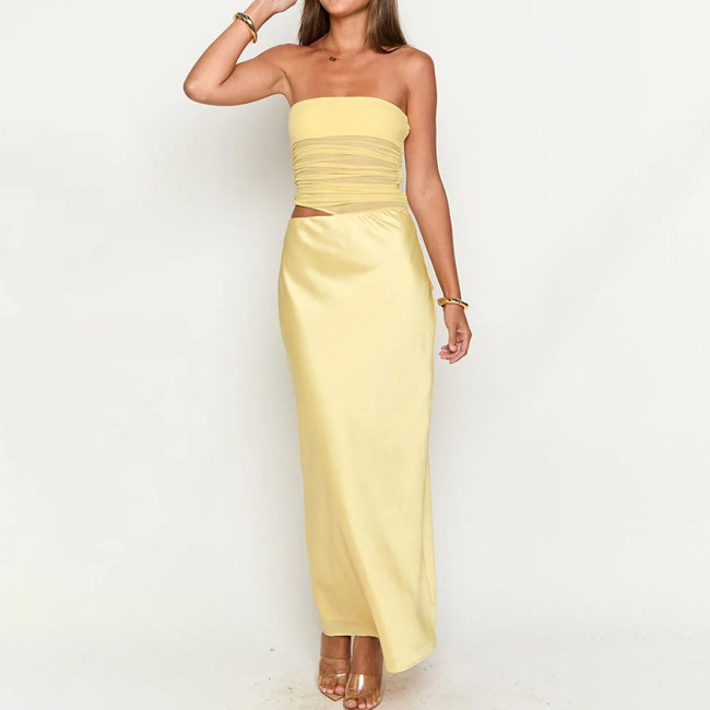 Sexy Tube Top open Back French High-End SplicingSatin Mesh Skirt Hot Girls Stunning Yellow SummerDress