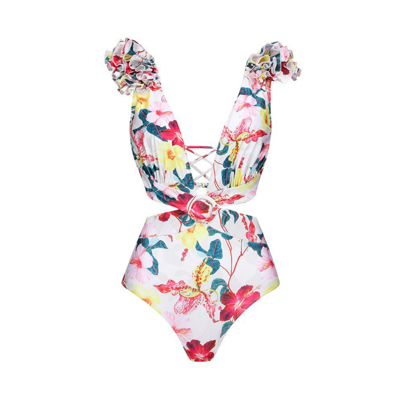 Deep V Floral Print One-Piece Swimsuit Sexy Beach Vacation Long-Sleeved Swimsuit