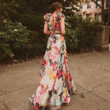 Deep V Floral Print One-Piece Swimsuit Sexy Beach Vacation Long-Sleeved Swimsuit