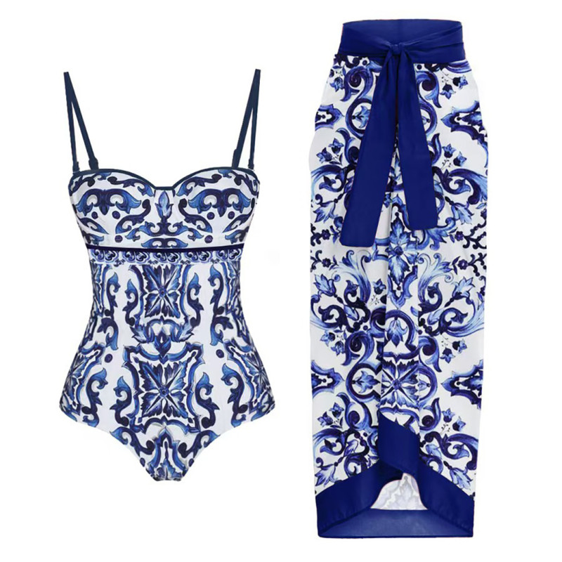 One-Piece Blue and White Porcelain Printed SwimsuitFrench-Style Retro Beach Resort and SPA Swimsuit