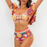 Flower Print Two-Piece Swimsuit High-End FrenchRetro-Style Swimsuit Bow-Shaped Shoulder StrapDecorated Swimsuit