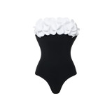 Black and White Contrast Plunging One-Piece Swimsuit Simple Three-Dimensional Flower-DecoratedSwimsuit