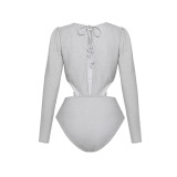 Solid Color Shiny One-Piece Swimsuit Halter-NeckLong-Sleeved Open-Front One-Piece Swimsuit