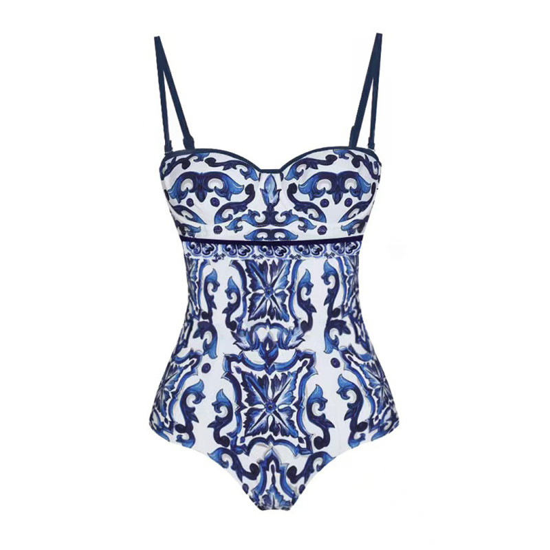 One-Piece Blue and White Porcelain Printed SwimsuitFrench-Style Retro Beach Resort and SPA Swimsuit