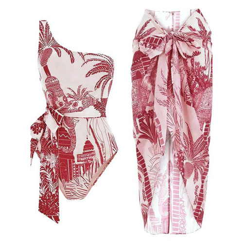 Single-Shoulder Strap Printed Coconut Tree SwimsuitSummer Tight Beach Vacation Style Swimsuit