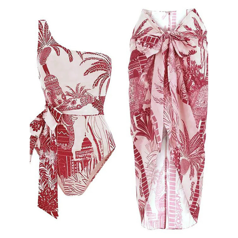 Single-Shoulder Strap Printed Coconut Tree SwimsuitSummer Tight Beach Vacation Style Swimsuit