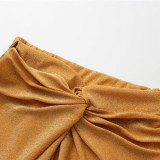 Solid Color Shiny One-Piece Swimsuit Halter-NeckLong-Sleeved Open-Front One-Piece Swimsuit