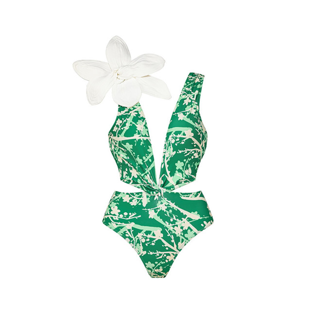 Three-Dimensional Flower Pattern One-PieceSwimming Suit Summer Refreshing Printed BeachwearSwimsuit