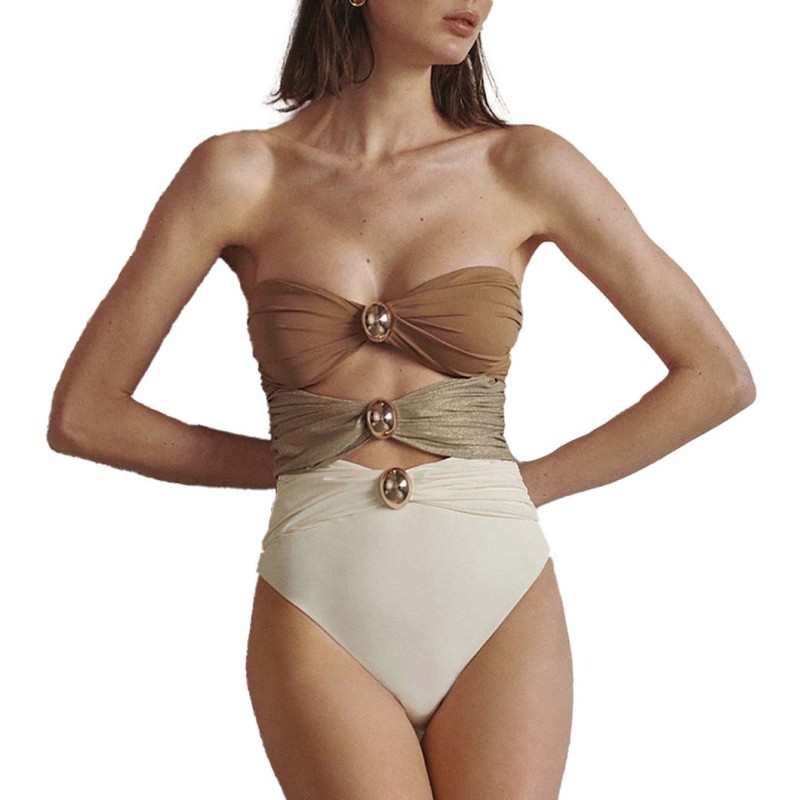 Golden Button Color-Contrasting Three-Color onePiece Swimsuit Sexy Half-Dress Set Swimsuit