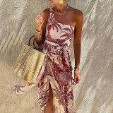 Single-Shoulder Strap Printed Coconut Tree SwimsuitSummer Tight Beach Vacation Style Swimsuit