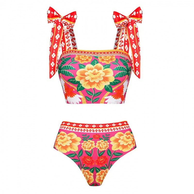 Flower Print Two-Piece Swimsuit High-End FrenchRetro-Style Swimsuit Bow-Shaped Shoulder StrapDecorated Swimsuit