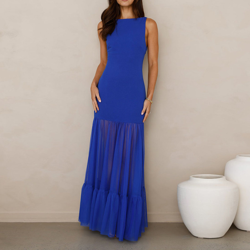 Summer Sleeveless lmitation Linen Splicing MeshDress Patchwork High-Waisted Sheer Backless DressElegant Party Dresses