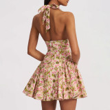 Summer Floral Printed Dress Halter-Neck Open-FrontDeep-V Backless and Cinched Waist Cool Girl ShortSkirt
