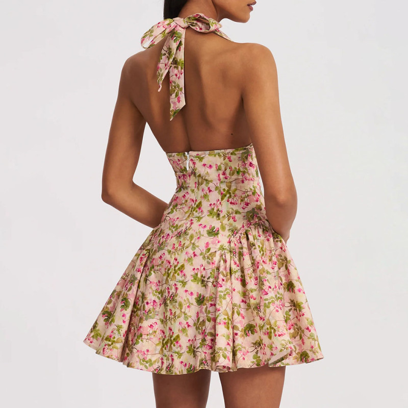 Summer Floral Printed Dress Halter-Neck Open-FrontDeep-V Backless and Cinched Waist Cool Girl ShortSkirt