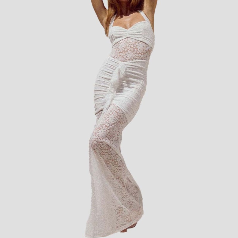 Sexy Water-Soluble Lace High Slit Ruffle DesignRevealing Backless Hip-Hug Skirt See-Through LongDress