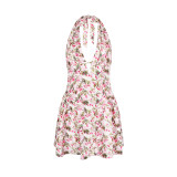 Summer Floral Printed Dress Halter-Neck Open-FrontDeep-V Backless and Cinched Waist Cool Girl ShortSkirt