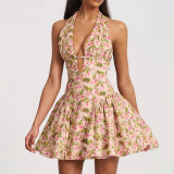 Summer Floral Printed Dress Halter-Neck Open-FrontDeep-V Backless and Cinched Waist Cool Girl ShortSkirt