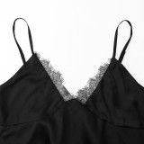 Sexy Lace-Trimmed V-Neck Halter Black Dress, HotGirl Sophisticated and Elegant Short skirt