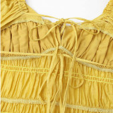 Women's Summer Sexy Bubble Short-Sleeved DressSquare-Neck Beach-Style Backless Dress SeasideAtmosphere-Long Dress