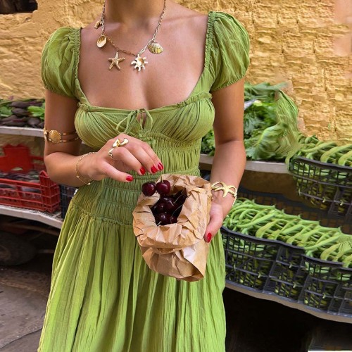 Women's Summer Sexy Bubble Short-Sleeved DressSquare-Neck Beach-Style Backless Dress SeasideAtmosphere-Long Dress