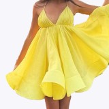 Summer Sexy V-Neck Backless Dress Halter Top BeachStyle Dress Cool Puff-Sleeved Dress