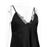 Sexy Lace-Trimmed V-Neck Halter Black Dress, HotGirl Sophisticated and Elegant Short skirt