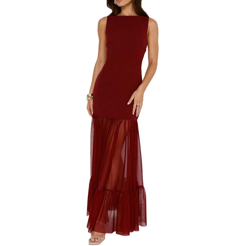 Summer Sleeveless lmitation Linen Splicing MeshDress Patchwork High-Waisted Sheer Backless DressElegant Party Dresses