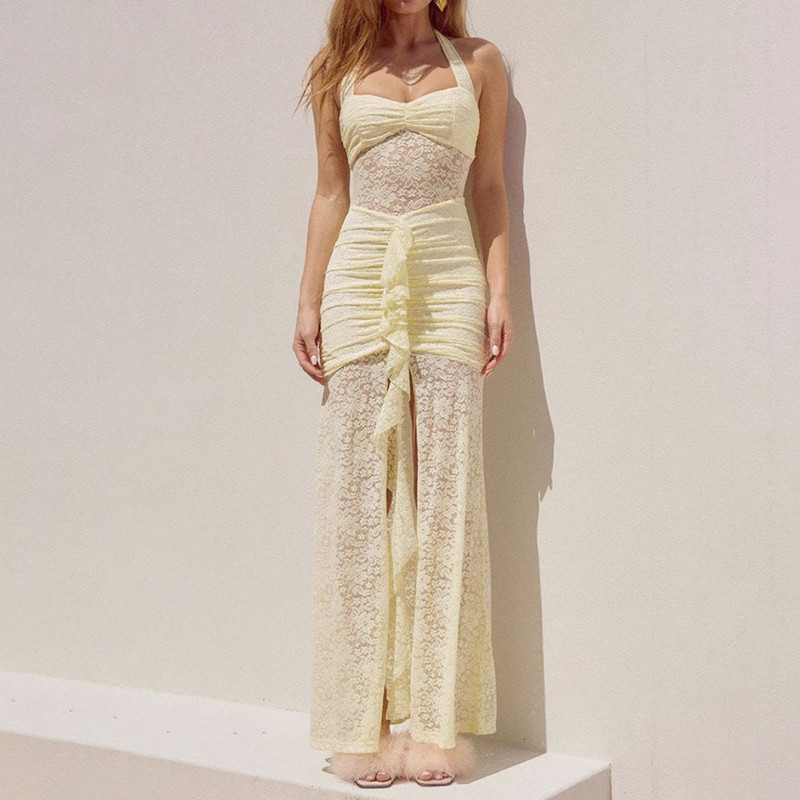 Sexy Water-Soluble Lace High Slit Ruffle DesignRevealing Backless Hip-Hug Skirt See-Through LongDress