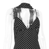 Sexy Deep V-Neckline Backless Black Polka Dot HalterDress Beach-Style Fitted One-Piece Dress