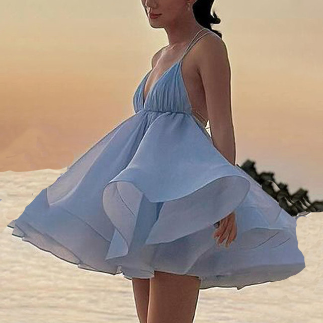 Summer Sexy V-Neck Backless Dress Halter Top BeachStyle Dress Cool Puff-Sleeved Dress