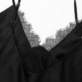 Sexy Lace-Trimmed V-Neck Halter Black Dress, HotGirl Sophisticated and Elegant Short skirt