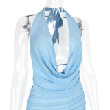 Women's Net-Sheer Necked Blue Halter-Neck BacklessDress Cool Girl Nightclub Short Skirt Mature andElegant Style Dress