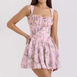 Summer Women's New Printed Halter Dress Figure.Hugging Backless Flirty Floral Short Skirt
