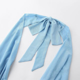 Women's Net-Sheer Necked Blue Halter-Neck BacklessDress Cool Girl Nightclub Short Skirt Mature andElegant Style Dress